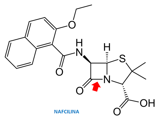 A nafcilina apresenta o anel lactâmico característico. O radical lateral é composto por dois anéis benzênicos conjugados.